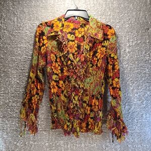 Lloyd Wiliam Semi-Sheer Crinkle Art Ruffle Collar Button BLOUSE Shirt Top M